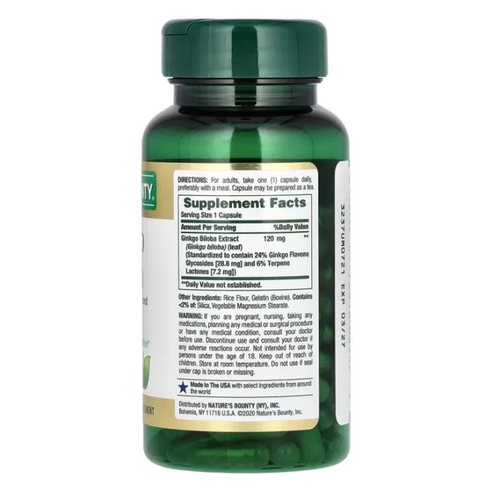 Nature’s Bounty Ginkgo Biloba 120mg – 100 Capsules - Image 2