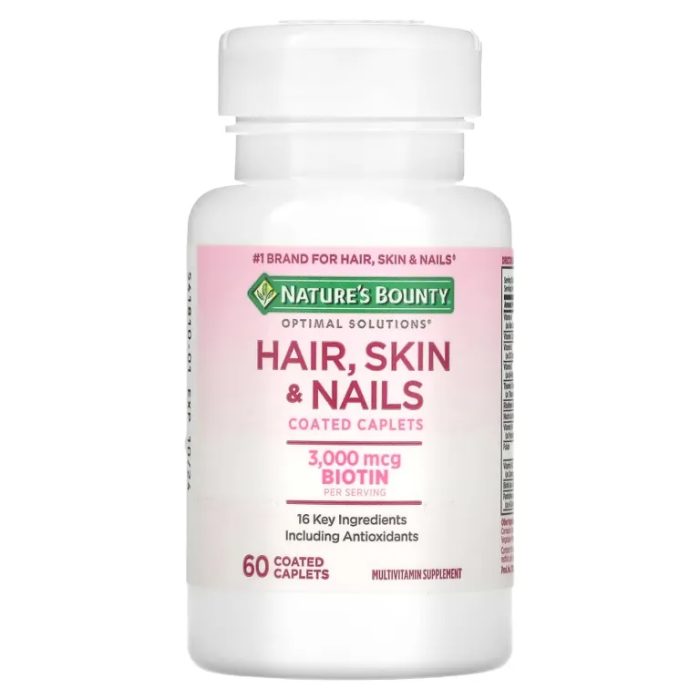 Nature’s Bounty Hair, Skin & Nails – 3000 mcg Biotin – 60 Coated Caplets - Image 2