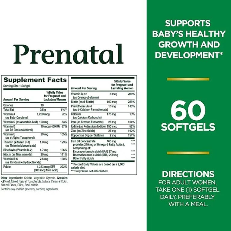 Nature’s Bounty Prenatal Multivitamin with 200 mg DHA – 60 Softgels - Image 3