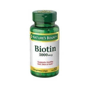 Nature’s Bounty Biotin 5000mcg bottle – supplement for healthier hair, skin, and nails, 72 rapid release softgels.