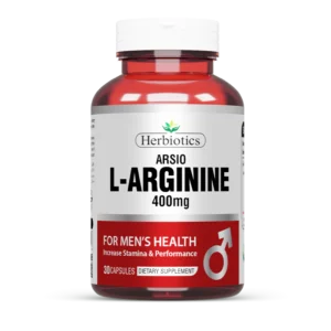Herbiotics L-Arginine 400mg supplement bottle for men’s strength, stamina, and blood circulation support