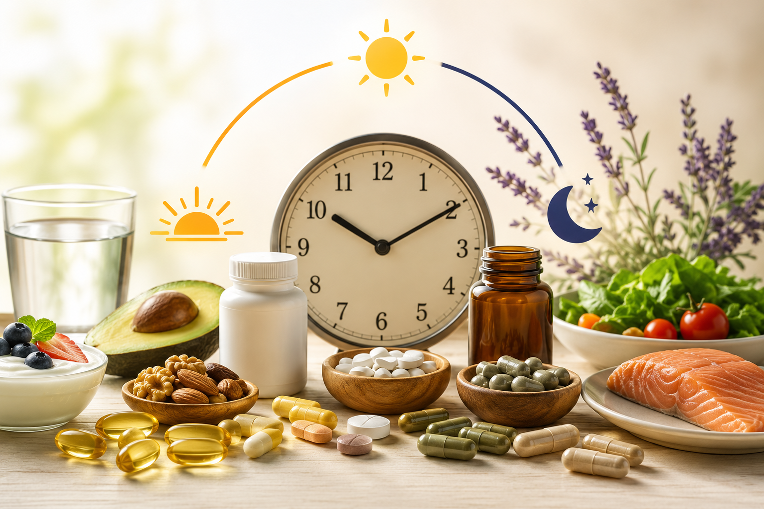 Various vitamin and supplement bottles with healthy foods showing the best time to take vitamins and supplements