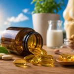 Vitamin D supplement softgel capsules with healthy foods and sunlight representing bone health and immune suppor