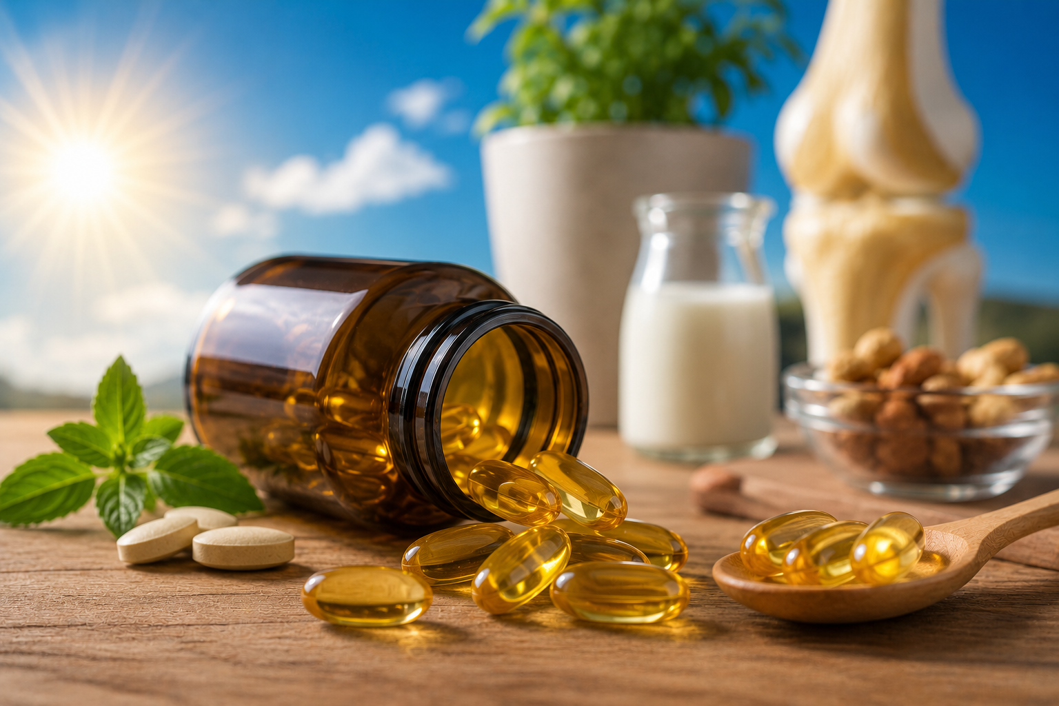Vitamin D supplement softgel capsules with healthy foods and sunlight representing bone health and immune suppor