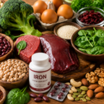 Iron-rich foods including spinach, lentils, red meat, beans, eggs, and vegetables arranged on a healthy meal table