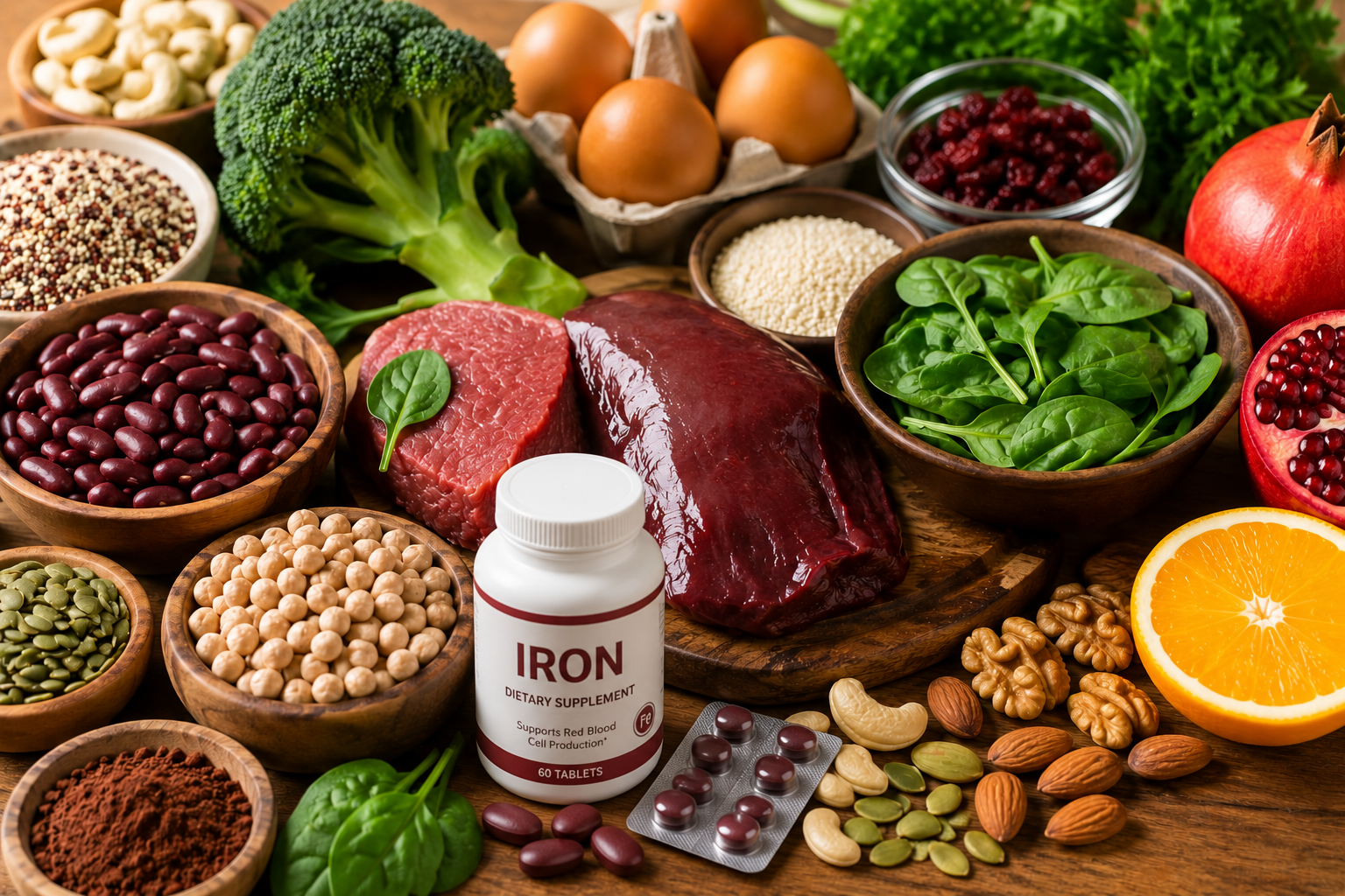 Iron-rich foods including spinach, lentils, red meat, beans, eggs, and vegetables arranged on a healthy meal table
